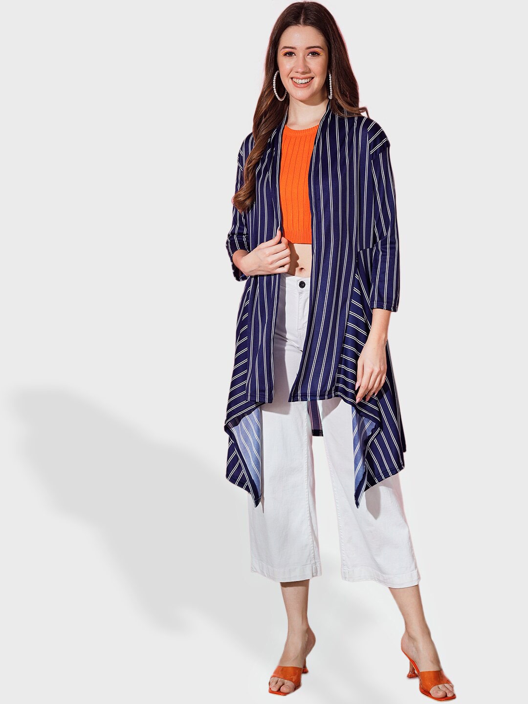 

BUY NEW TREND Open Front Striped Longline Shrug, Navy blue