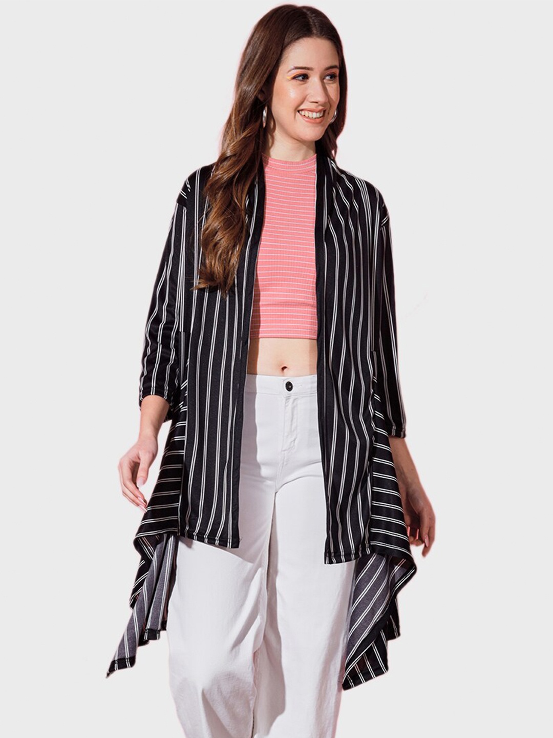 

BUY NEW TREND Women Black & White Striped Longline Monochrome Shrug