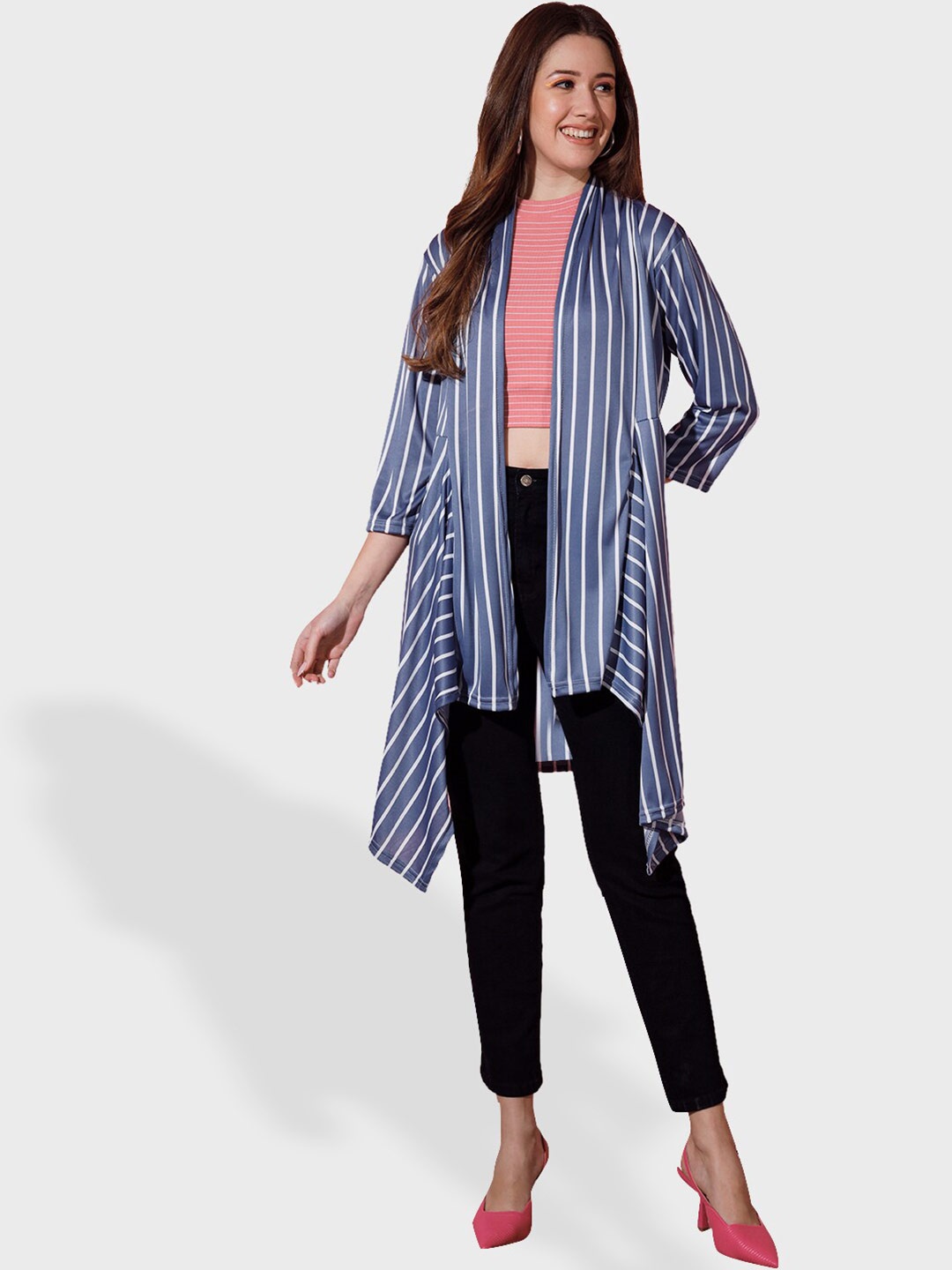 

BUY NEW TREND Women Striped Longline Shrug, Grey