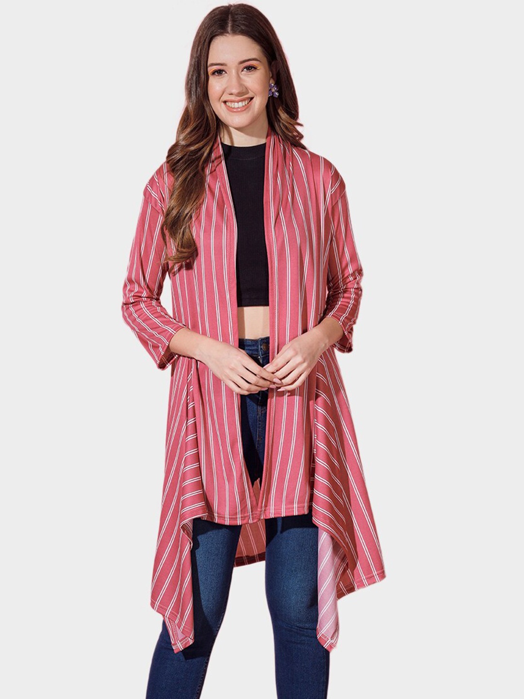 

BUY NEW TREND Women Pink & White Striped Longline Monochrome Shrug
