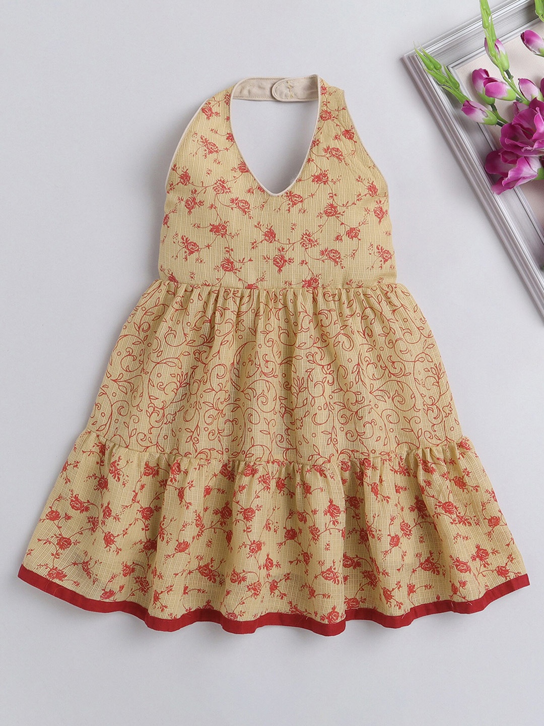 

The Magic Wand Girls Floral Printed Halter Neck Smocked Cotton Fit & Flare Dress, Beige