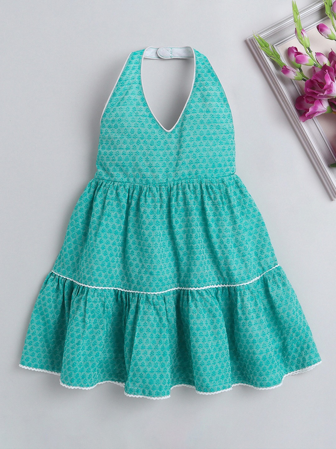 

The Magic Wand Girls Halter Neck Smocked Cotton Fit & Flare Dress, Blue