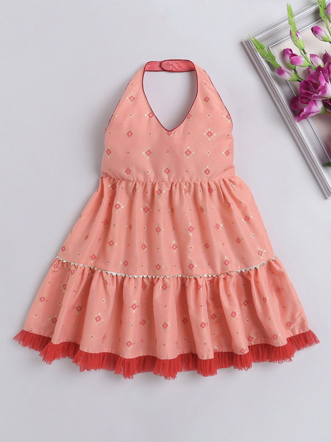 

The Magic Wand Girls Halter Neck Smocked Conversation Printed Fit & Flare Dress, Peach