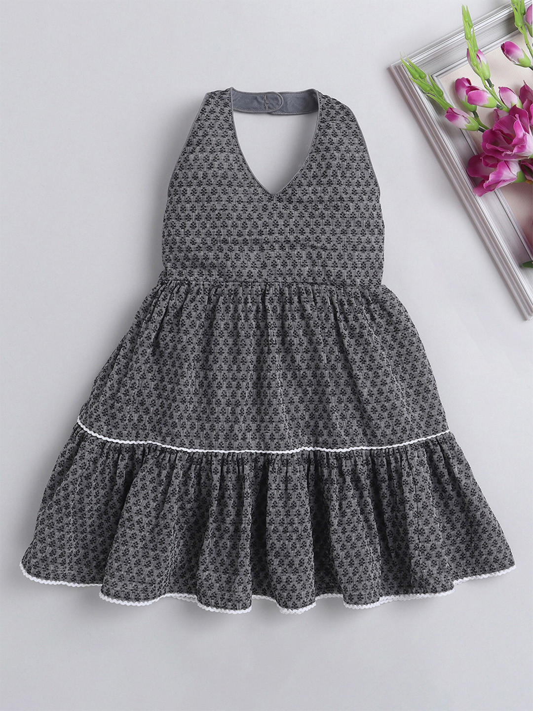 

The Magic Wand Girls Graphic Printed Halter Neck Cotton Fit & Flare Dress, Grey