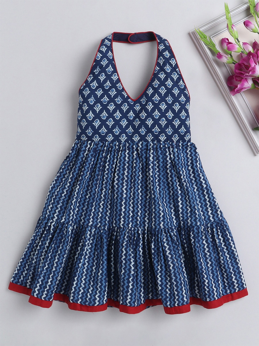 

The Magic Wand Girls Floral Printed Halter Neck Smocked Cotton Fit & Flare Dress, Blue