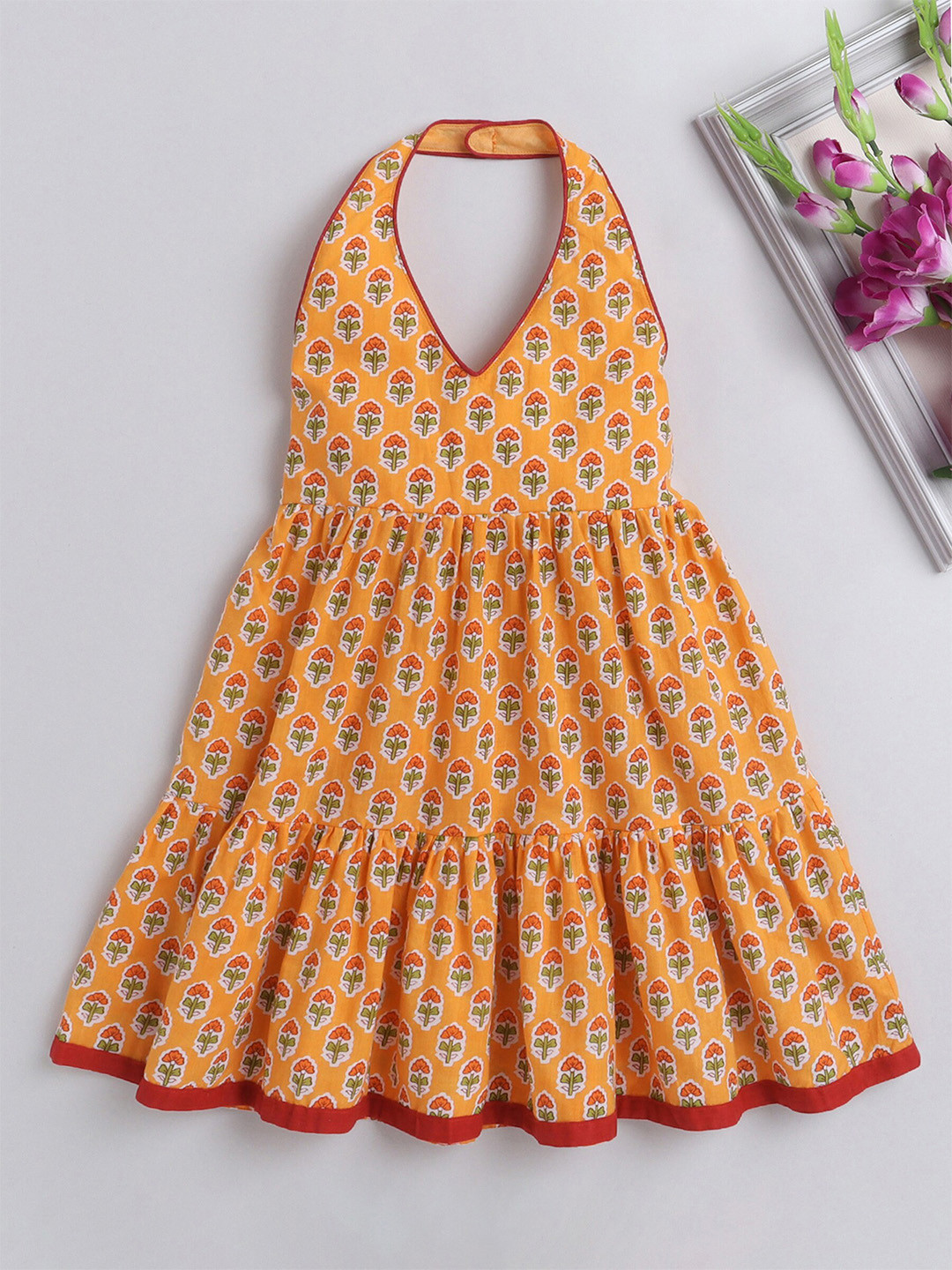 

The Magic Wand Girls Floral Printed Halter Neck Smocked Cotton Fit & Flare Dress, Orange