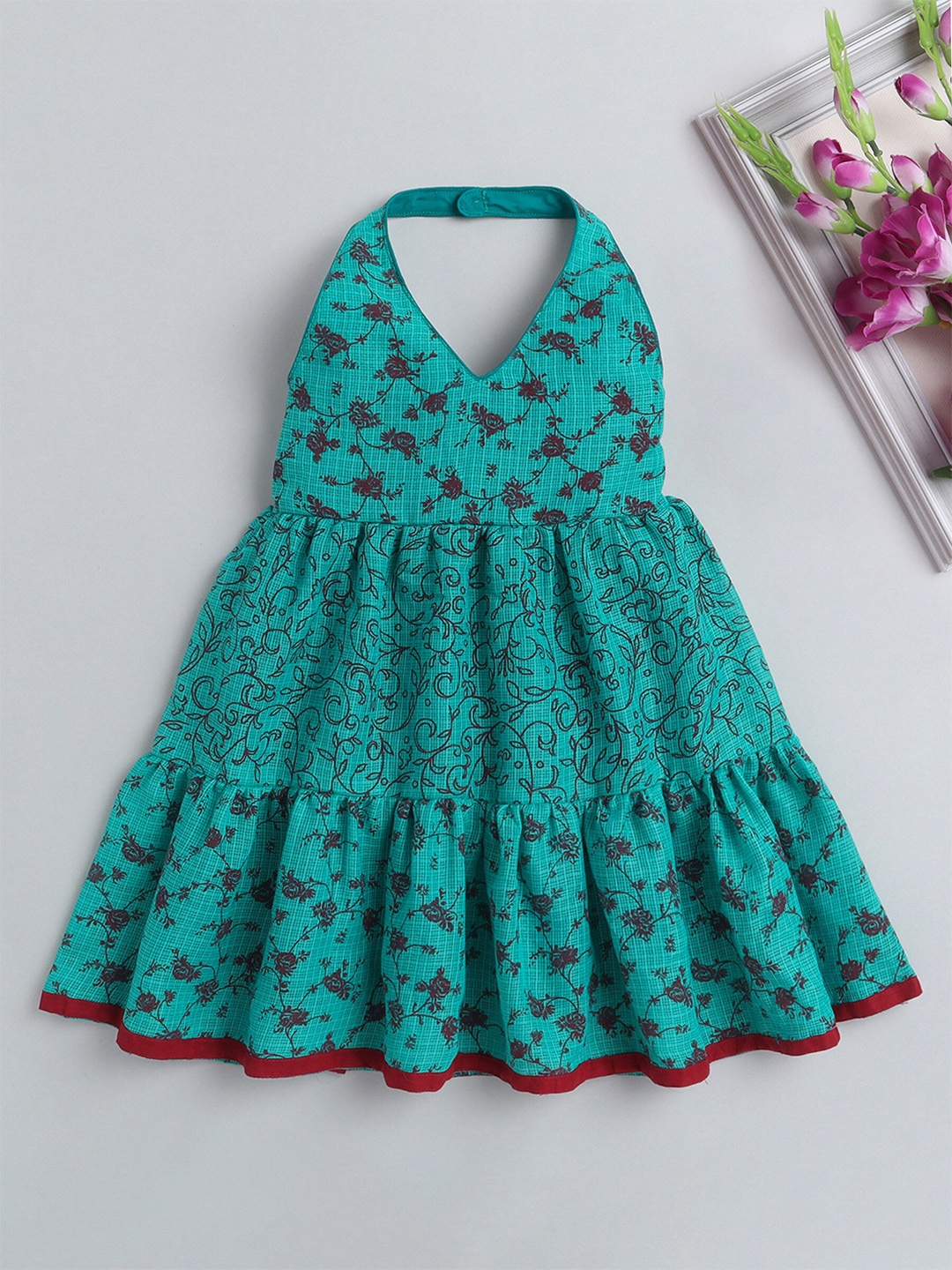 

The Magic Wand Girls Floral Printed Halter Neck Cotton Fit & Flare Dress, Teal