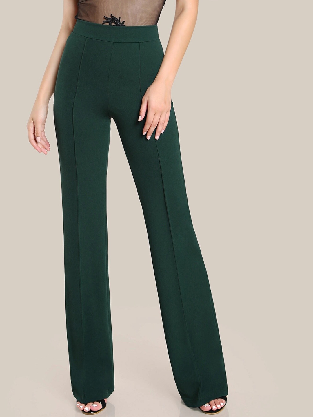 

BUY NEW TREND Women High-Rise Easy Wash Organic Cotton Bootcut Trousers, Green