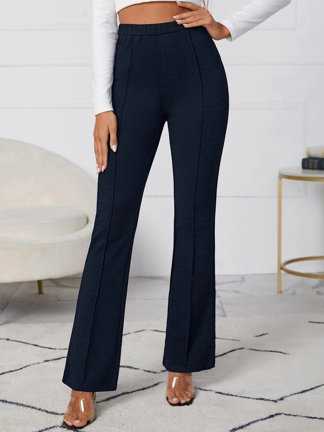 

BUY NEW TREND Women High-Rise Easy Wash Organic Cotton Bootcut Trousers, Navy blue