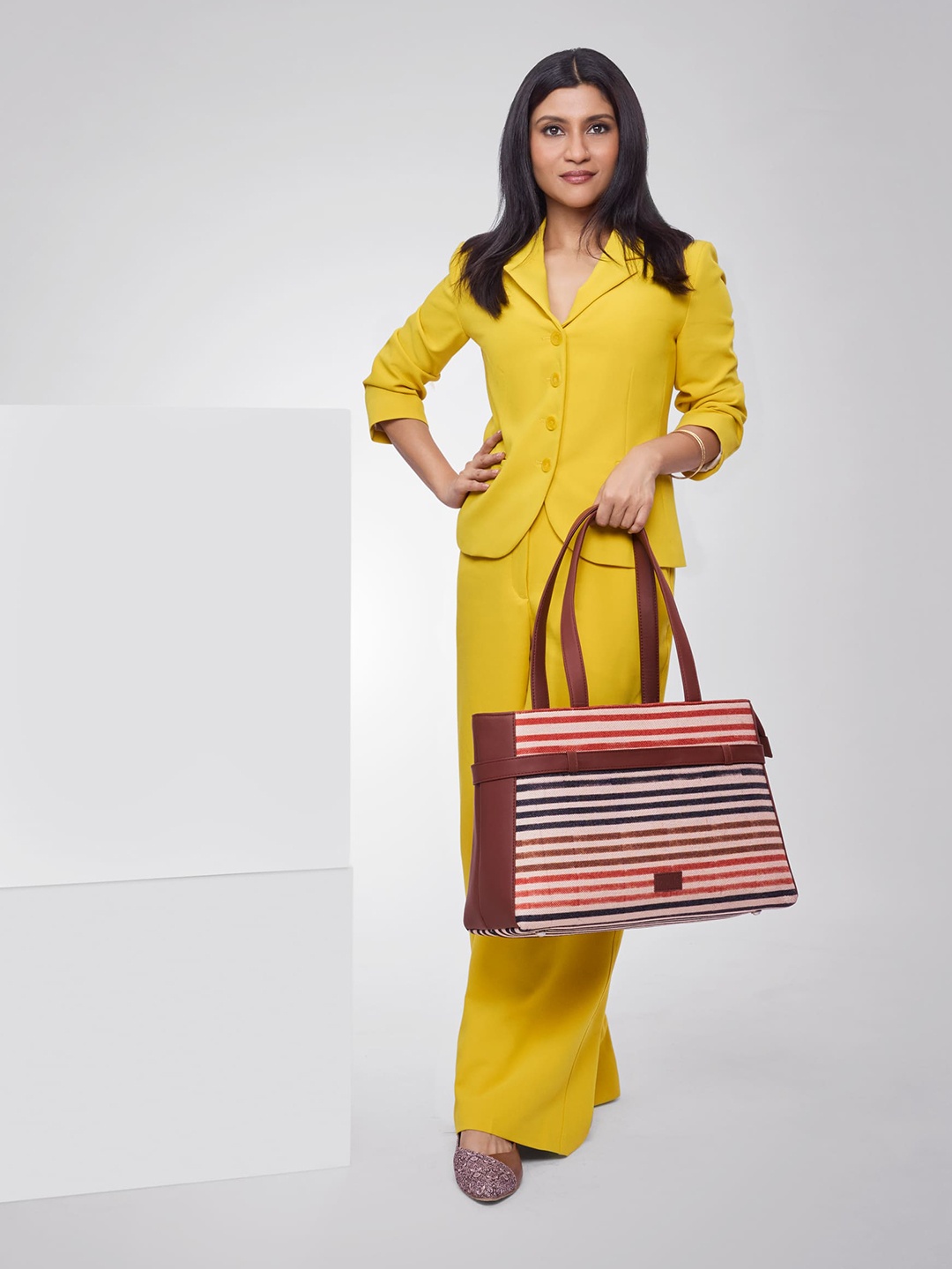 

ZOUK Striped Oversized Structured Shoulder Bag, Brown
