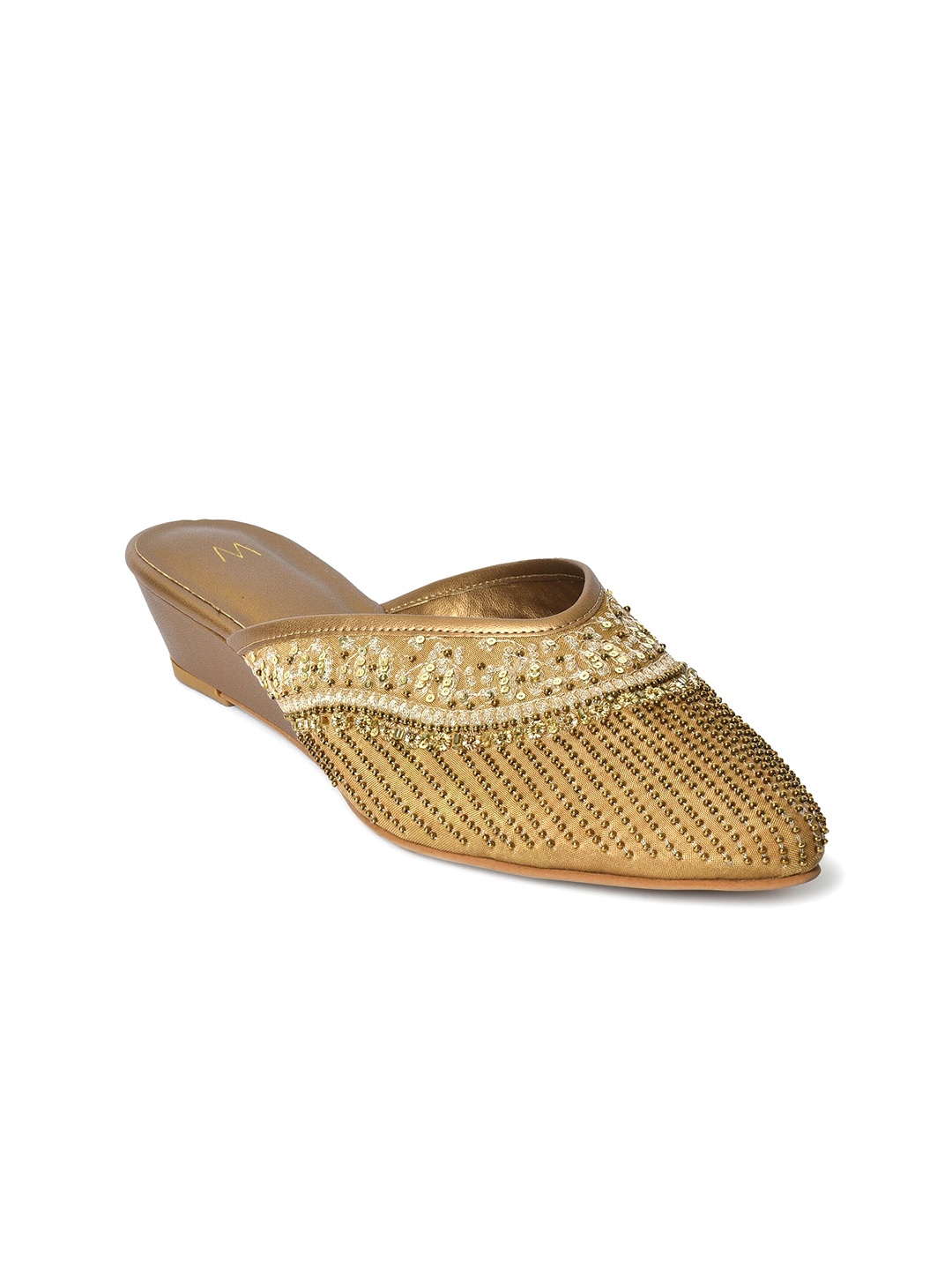 

W Pointed Toe Embellished Wedge Mules, Gold