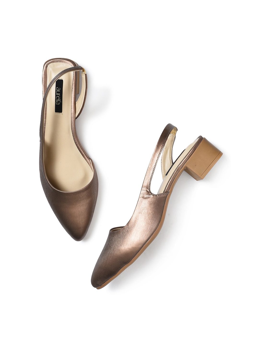 

AURELIA Pointed Toe Block Heel Mules, Bronze