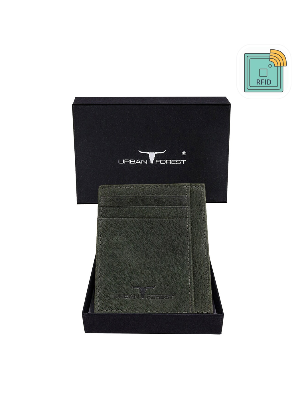 

URBAN FOREST Men Textured Leather RFID Card Holder, Green