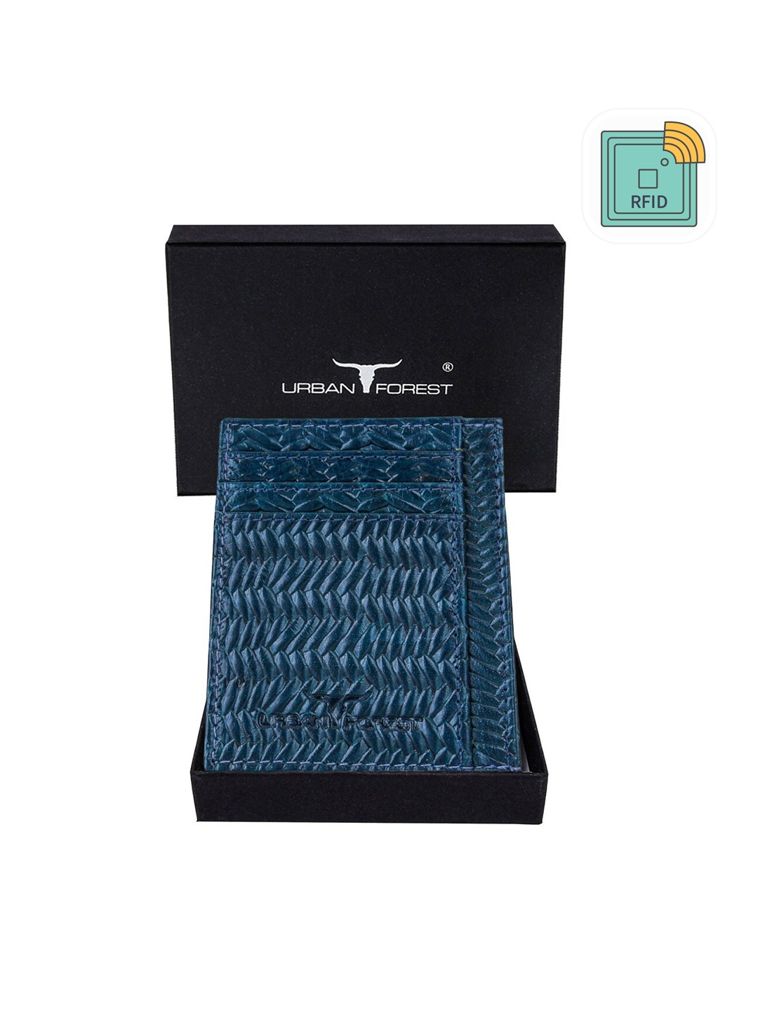 

URBAN FOREST Men Textured Leather RFID Card Holder, Teal