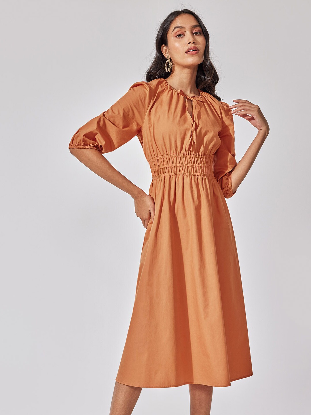 

The Label Life Tie-Up Neck Smocked Fit & Flare Cotton Midi Dress, Orange
