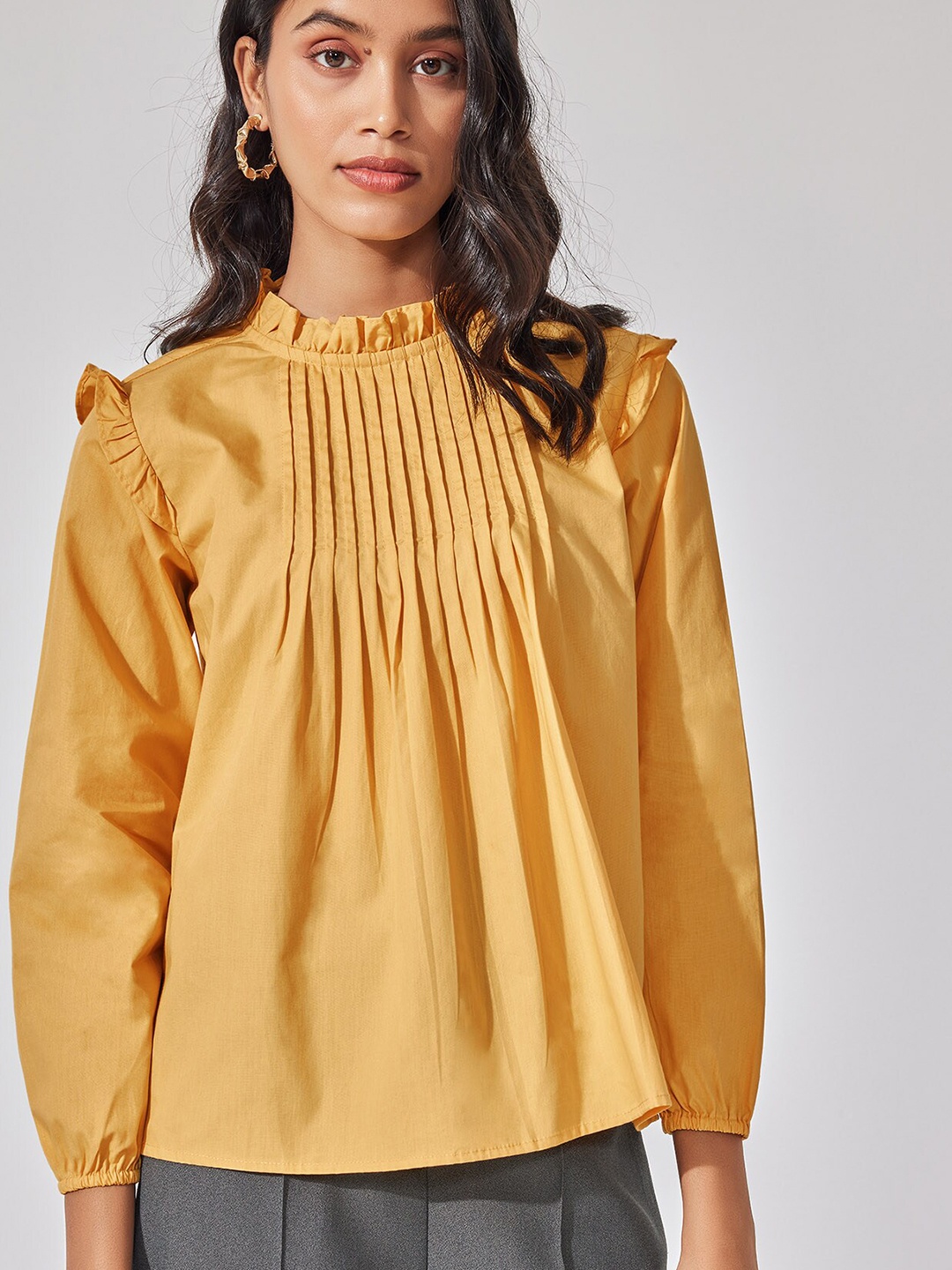 

The Label Life High Neck Pintuck Ruffled Cotton Top, Yellow