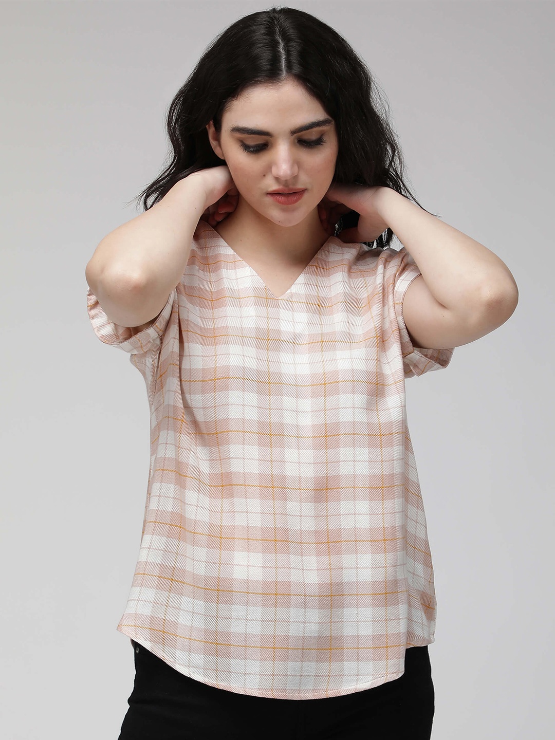 

IDK Checked V-Neck Top, Cream