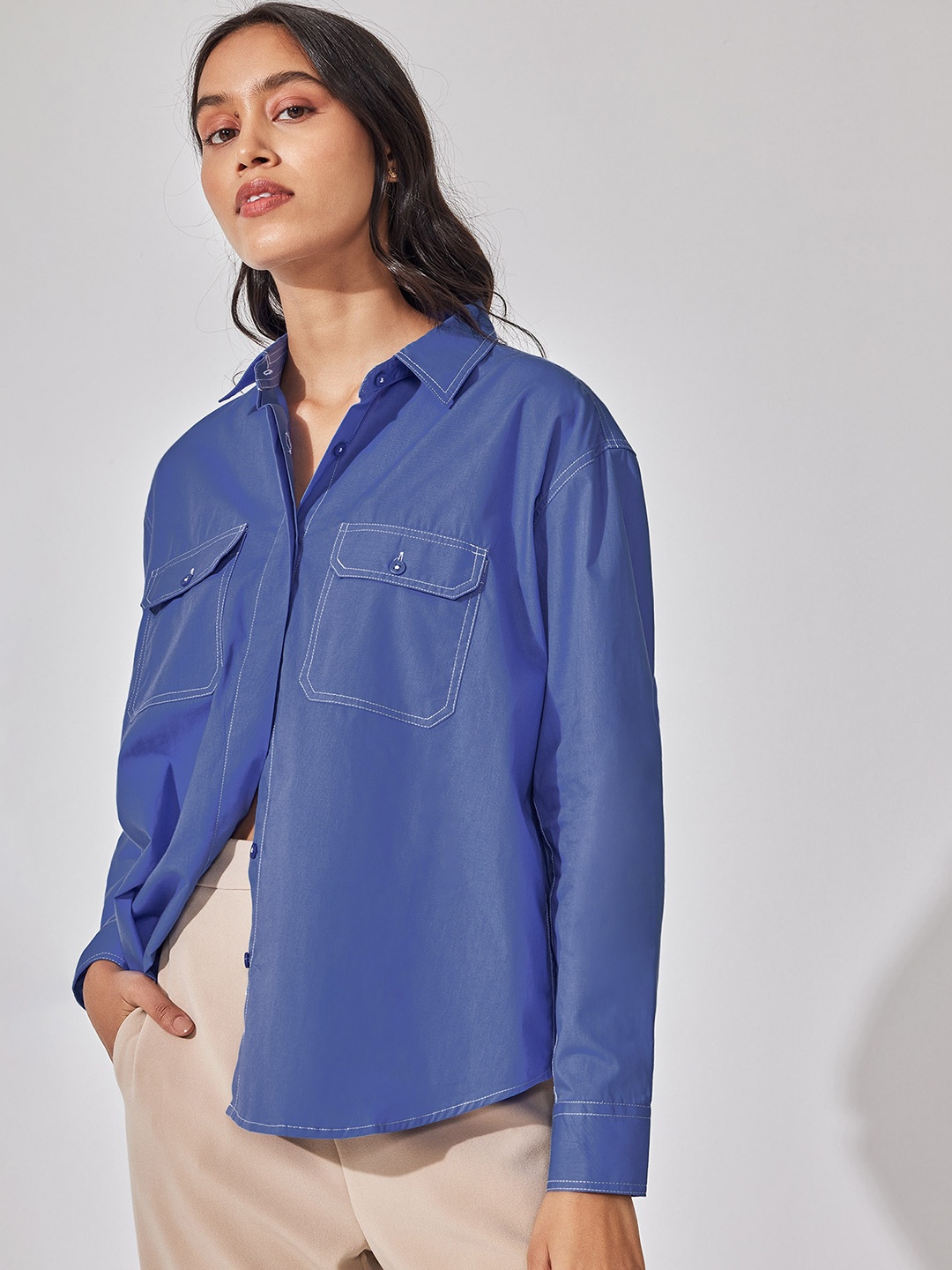 

The Label Life Cotton Casual Shirt Topstitch Detail, Purple