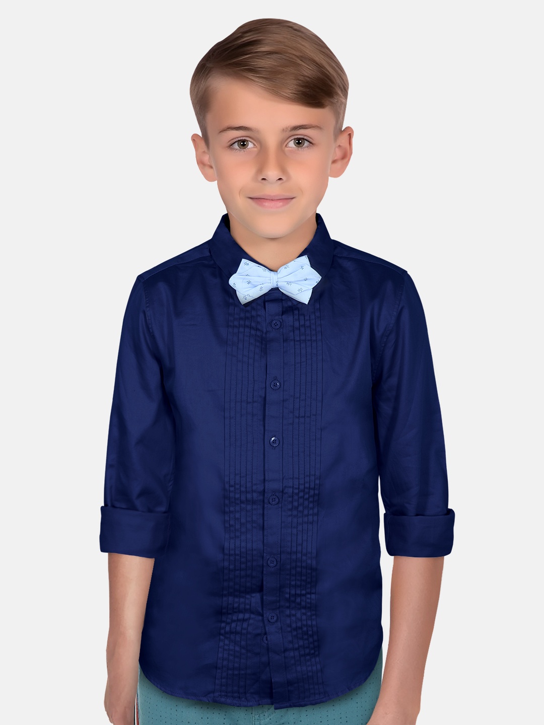 

Allen Solly Junior Boys Slim Fit Pin Tucked Pure Cotton Casual Shirt with Bow Tie, Navy blue