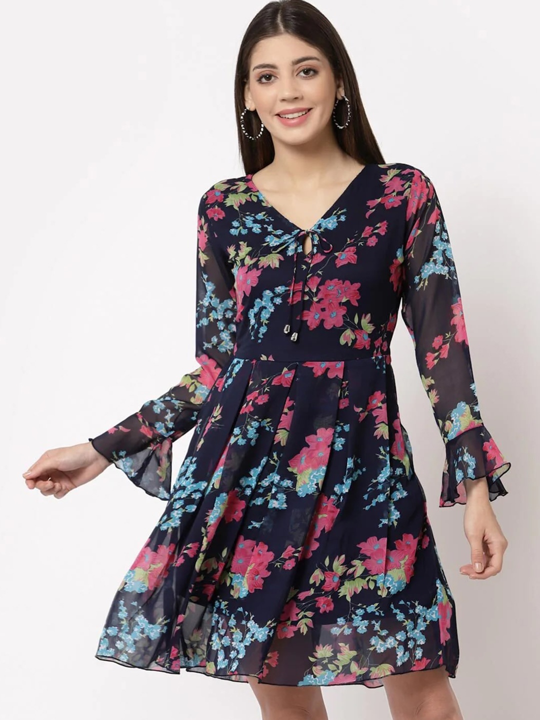 

VAANI CREATION Floral Print Bell Sleeve Georgette Fit & Flare Dress, Blue