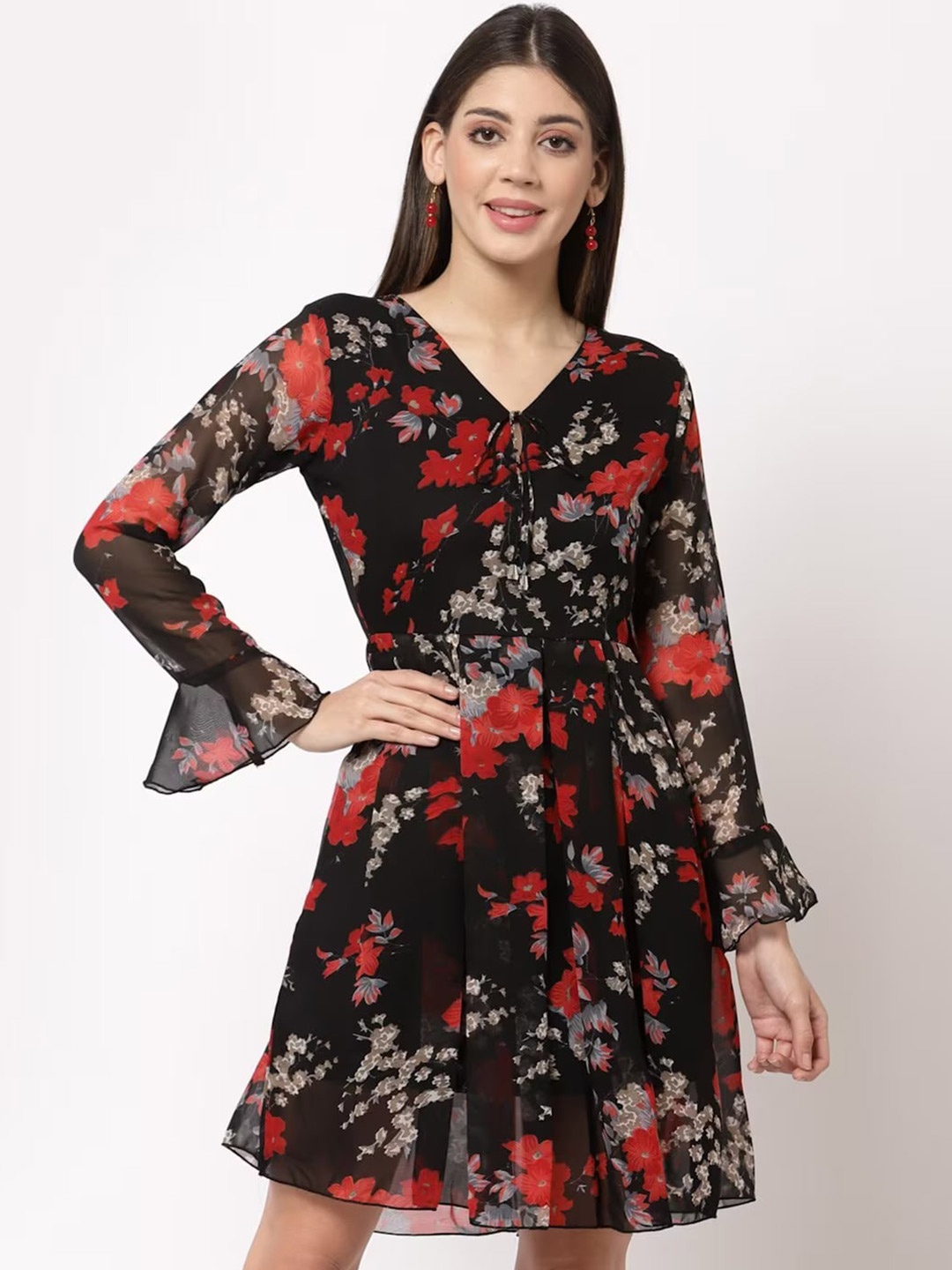 VAANI CREATION Floral Print Bell Sleeve Georgette Fit & Flare Dress, Black