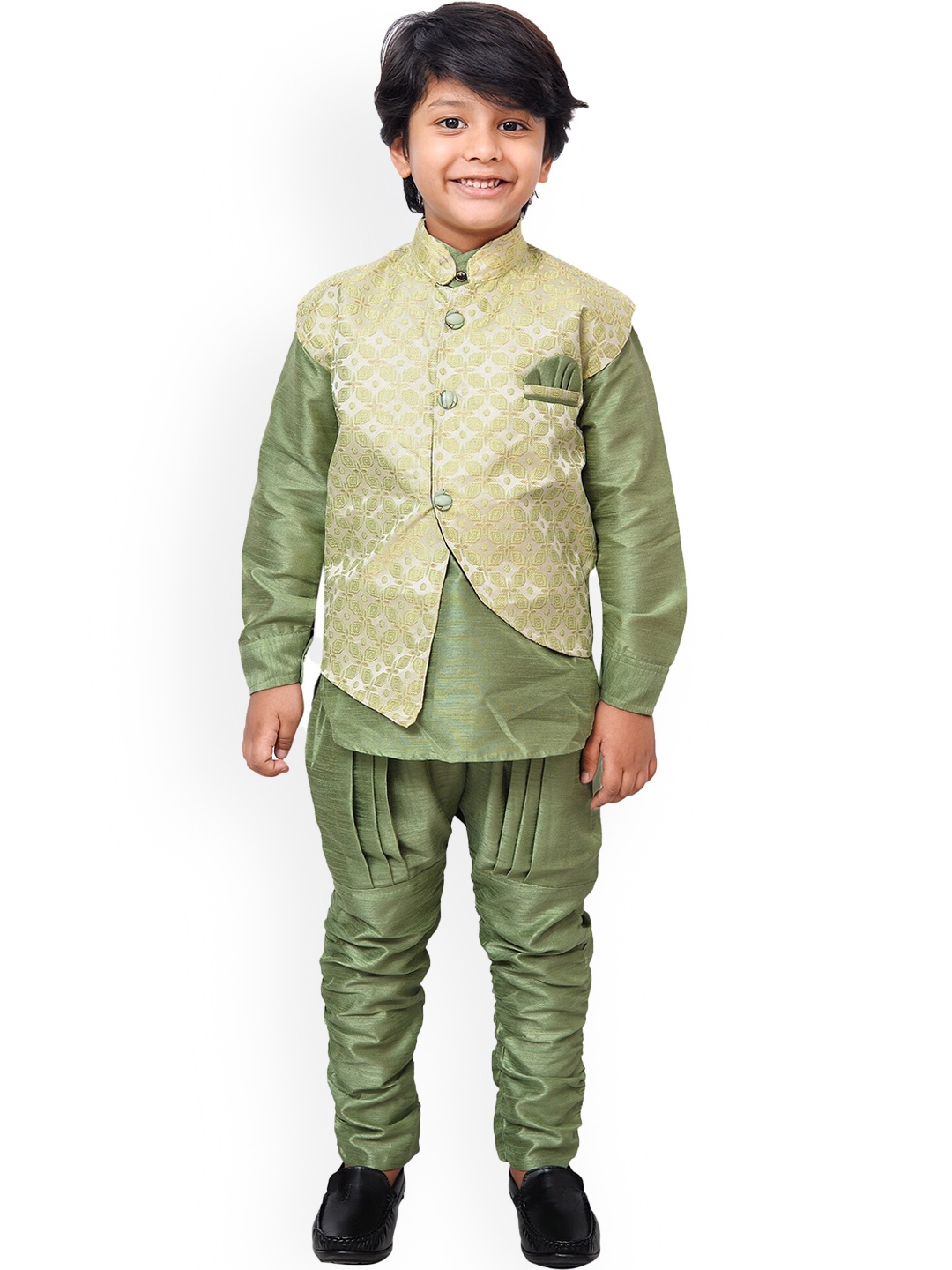 

KIDZAREA Boys Mandarin Collar Kurta With Churidar & Jacket, Green