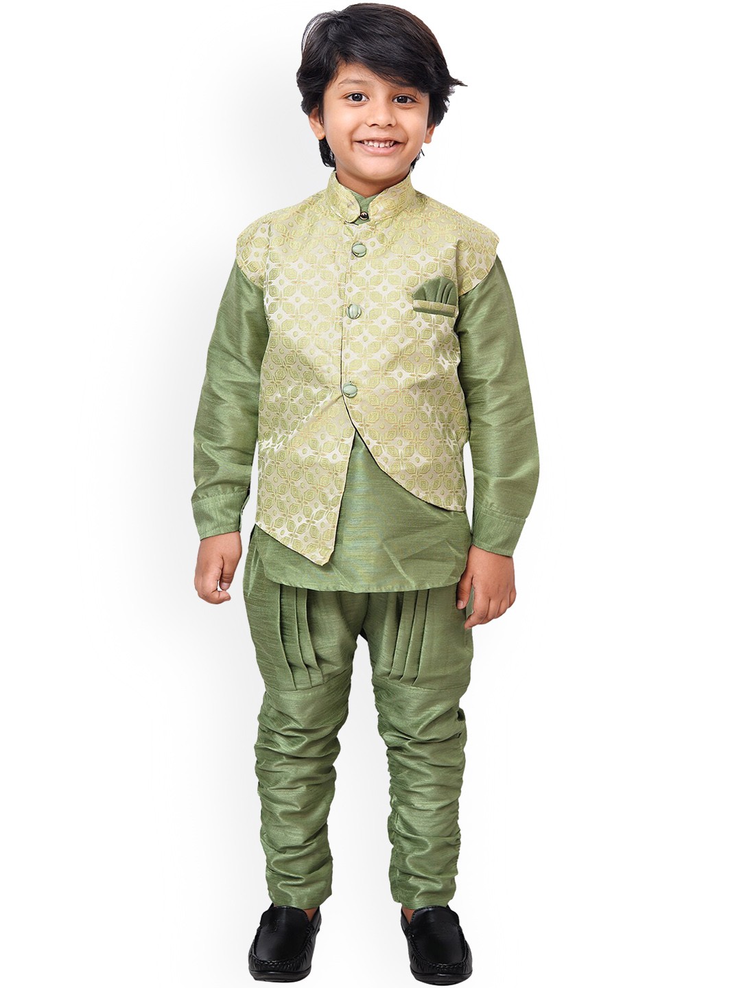 

KIDZAREA Boys Mandarin Collar Kurta With Churidar & Jacket, Green