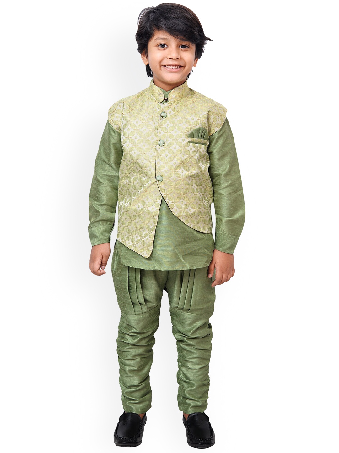 

KIDZAREA Boys Mandarin Collar Kurta With Churidar & Jacket, Green