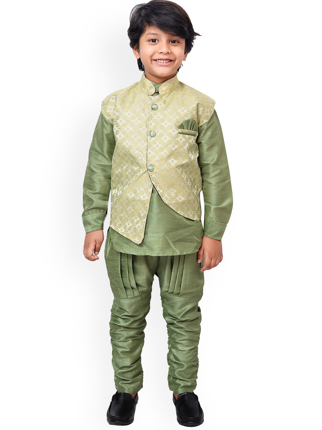 

KIDZAREA Boys Mandarin Collar Kurta With Churidar & Jacket, Green