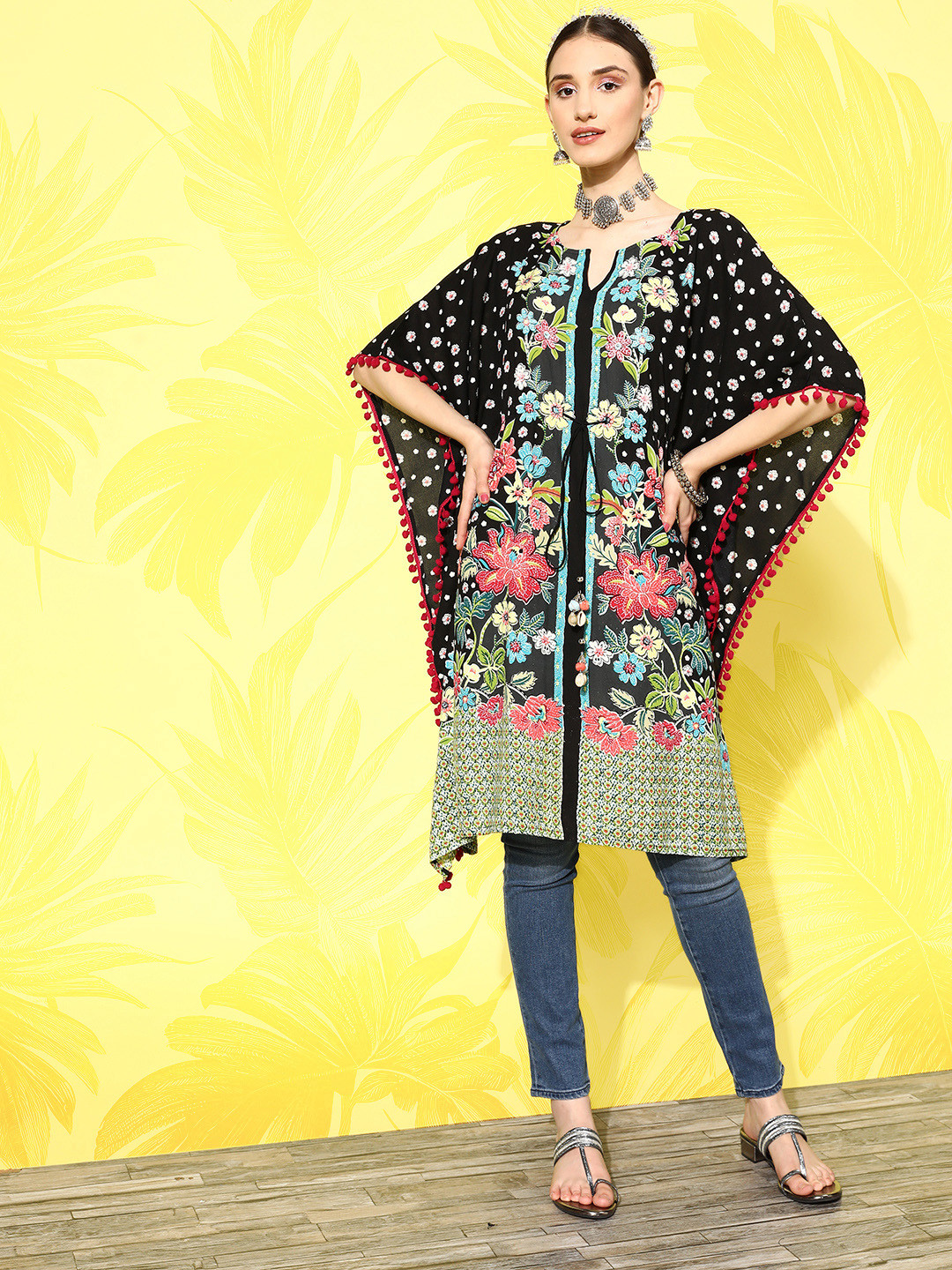 

Juniper Women Floral Printed Flared Sleeves Kaftan Kurta, Black