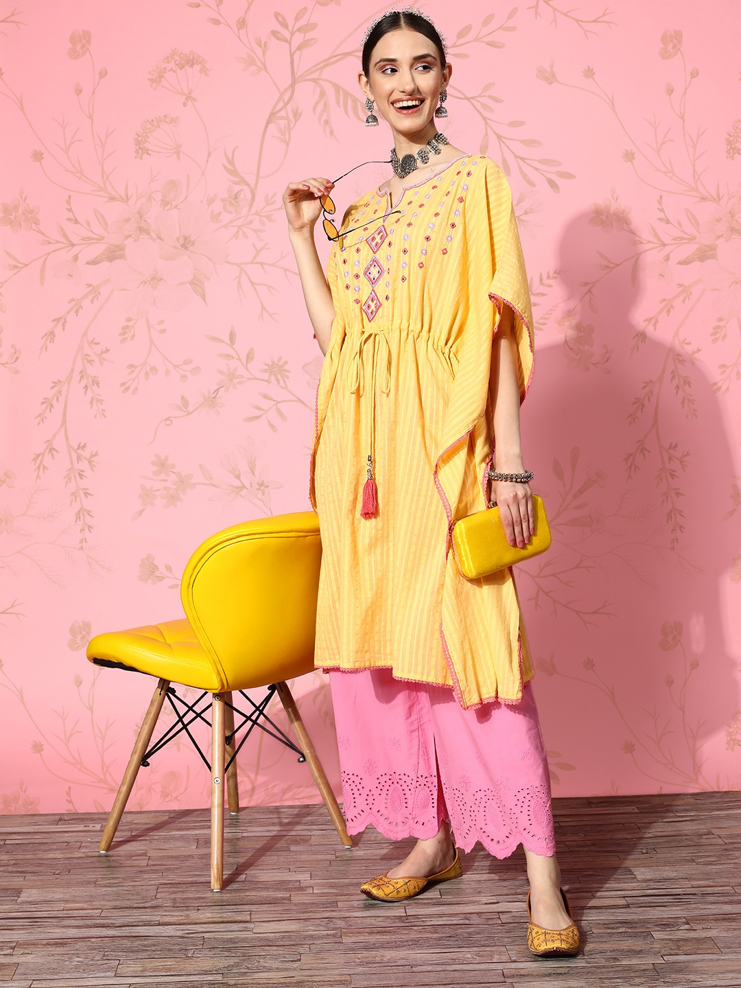 

Juniper Women Yoke Design Flared Sleeves Dobby Mirror Work Kaftan Kurta, Yellow