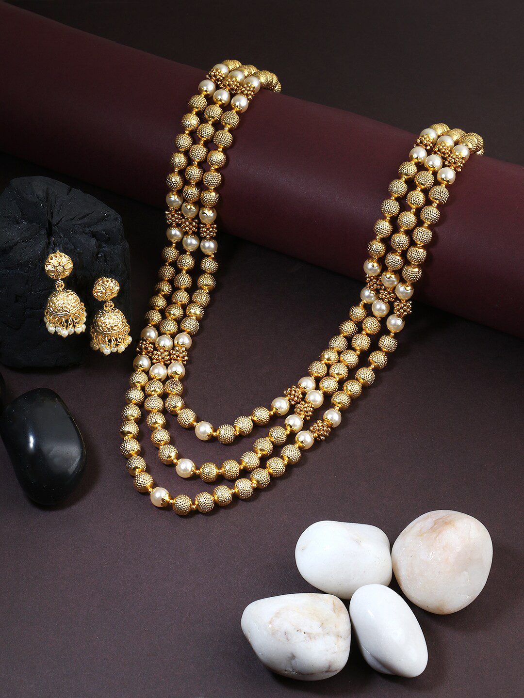 

Adwitiya Collection 24KT Gold-Plated Beaded Layered Necklace and Earrings