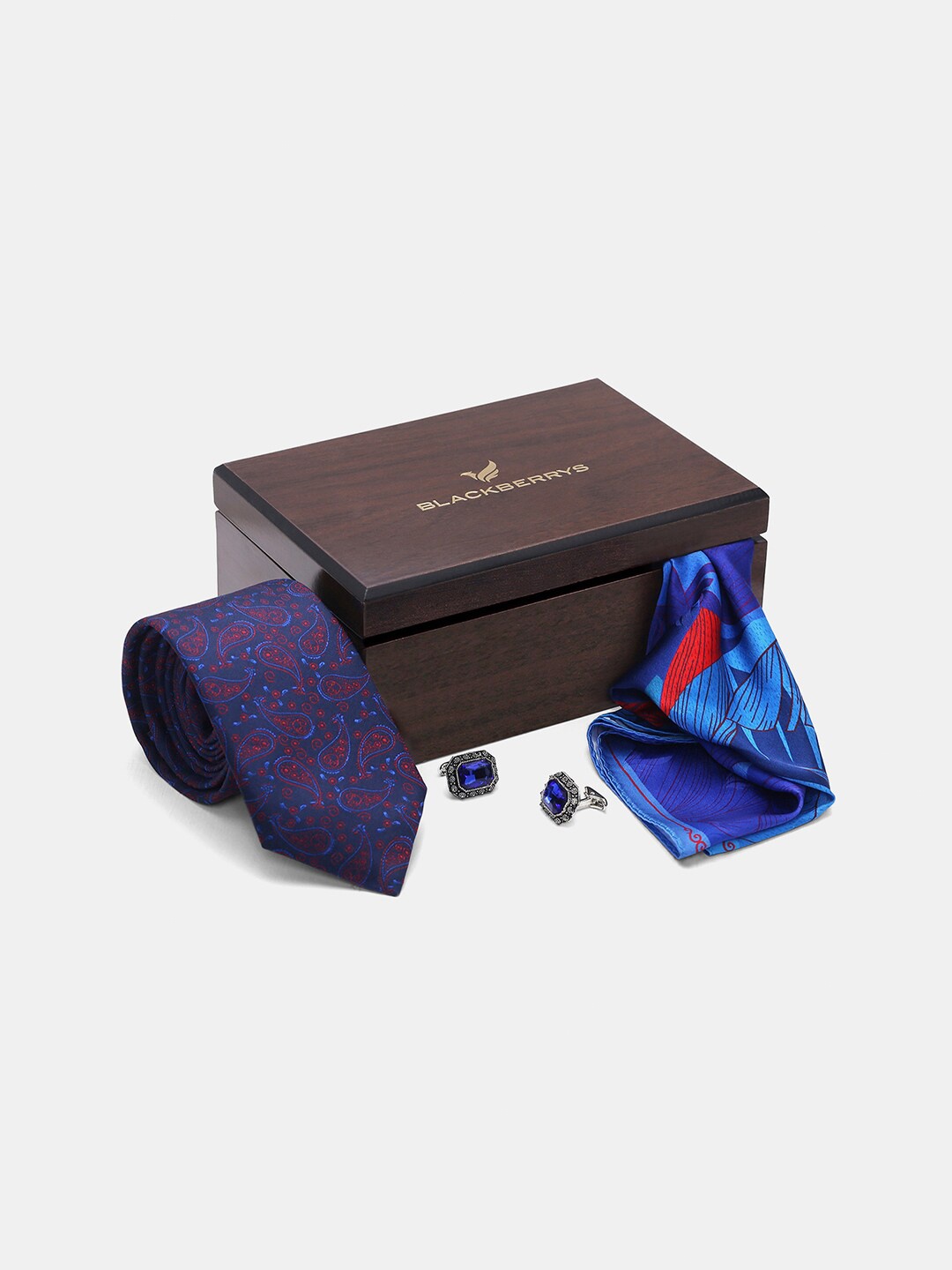 

Blackberrys Men Printed Silk Tie With Pocket Square And Cufflink Gift Set, Navy blue