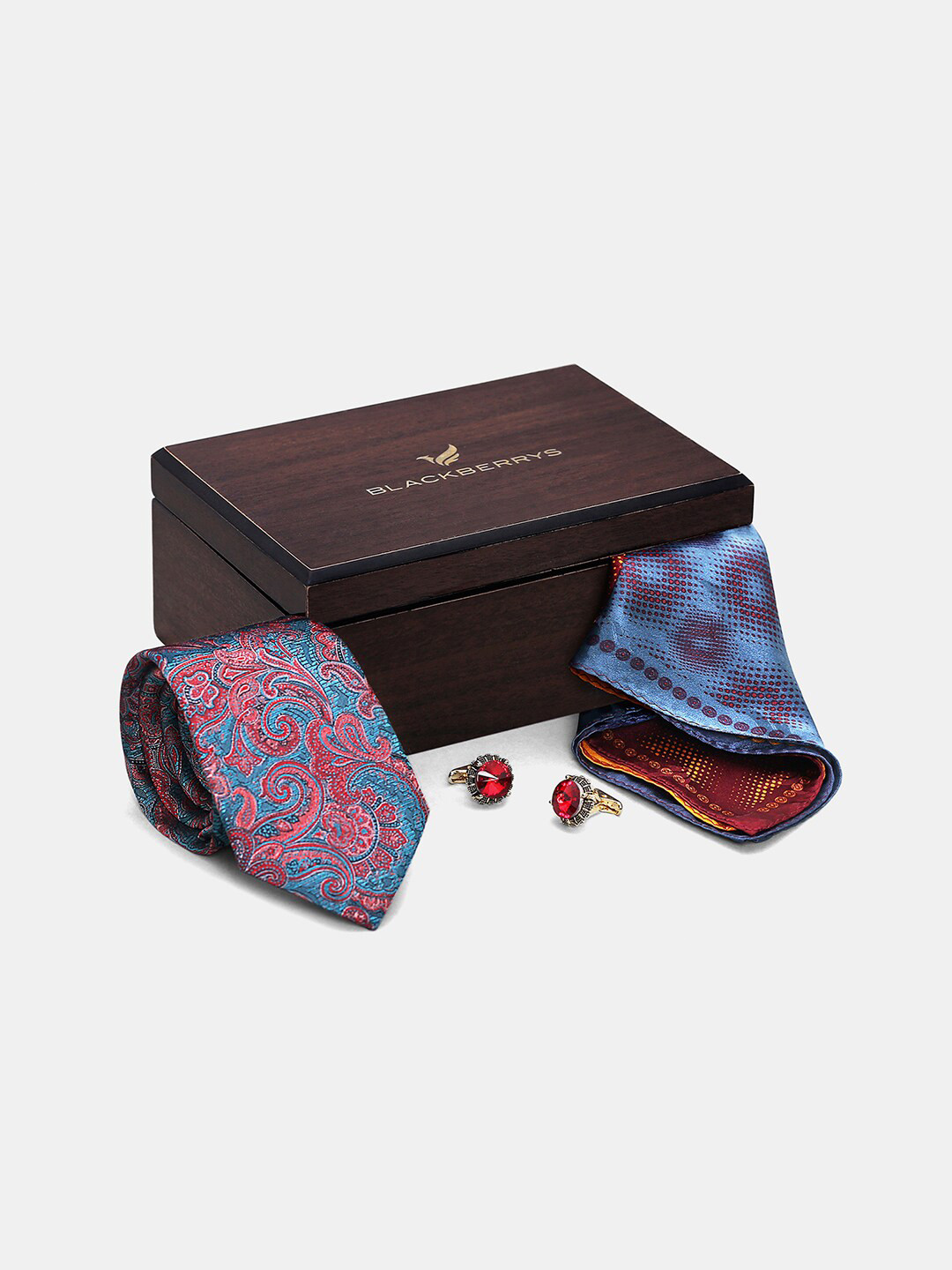 

Blackberrys Men Printed Silk Tie With Pocket Square And Cufflink Formal Accessory Gift Set, Blue