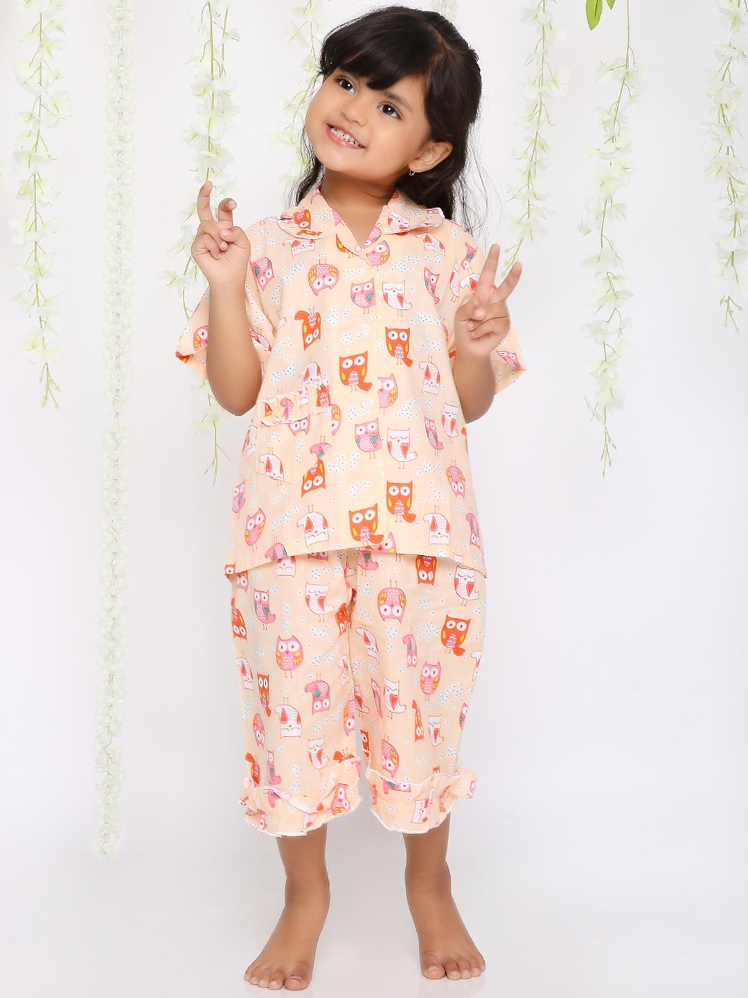 

KID1 Girls Conversational Printed Pure Cotton Night Suit, Peach