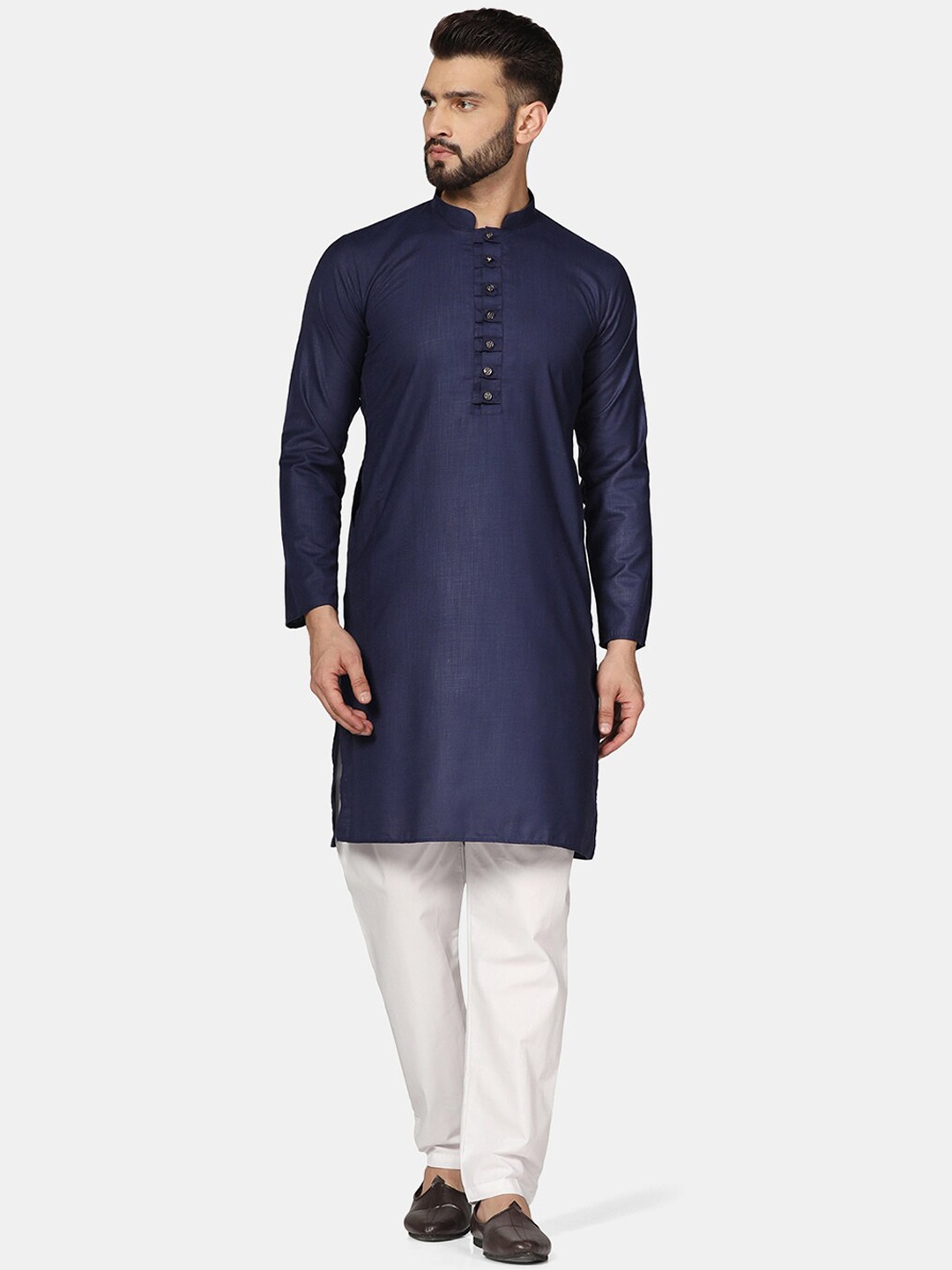 

TAHVO Mandarin Collar Pure Cotton Kurta with Pyjamas, Navy blue