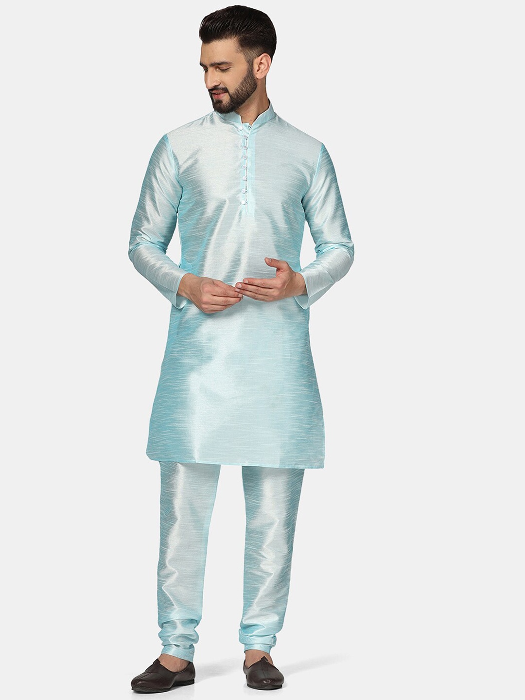 

TAHVO Mandarin Collar Pure Cotton Kurta with Pyjamas, Blue