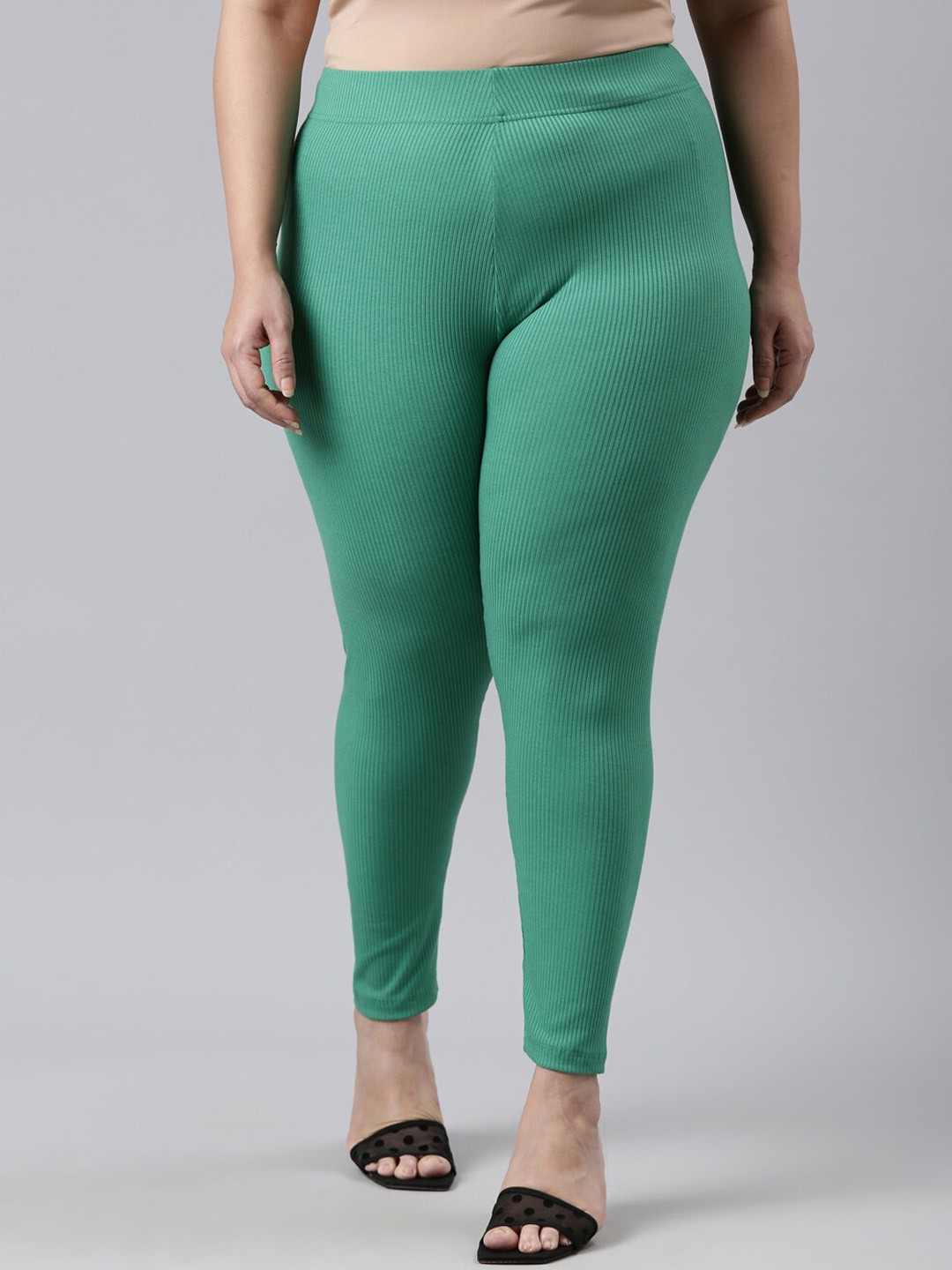 

Go Colors Women Ribbed Slim Fit Ankle Length Leggings, Green