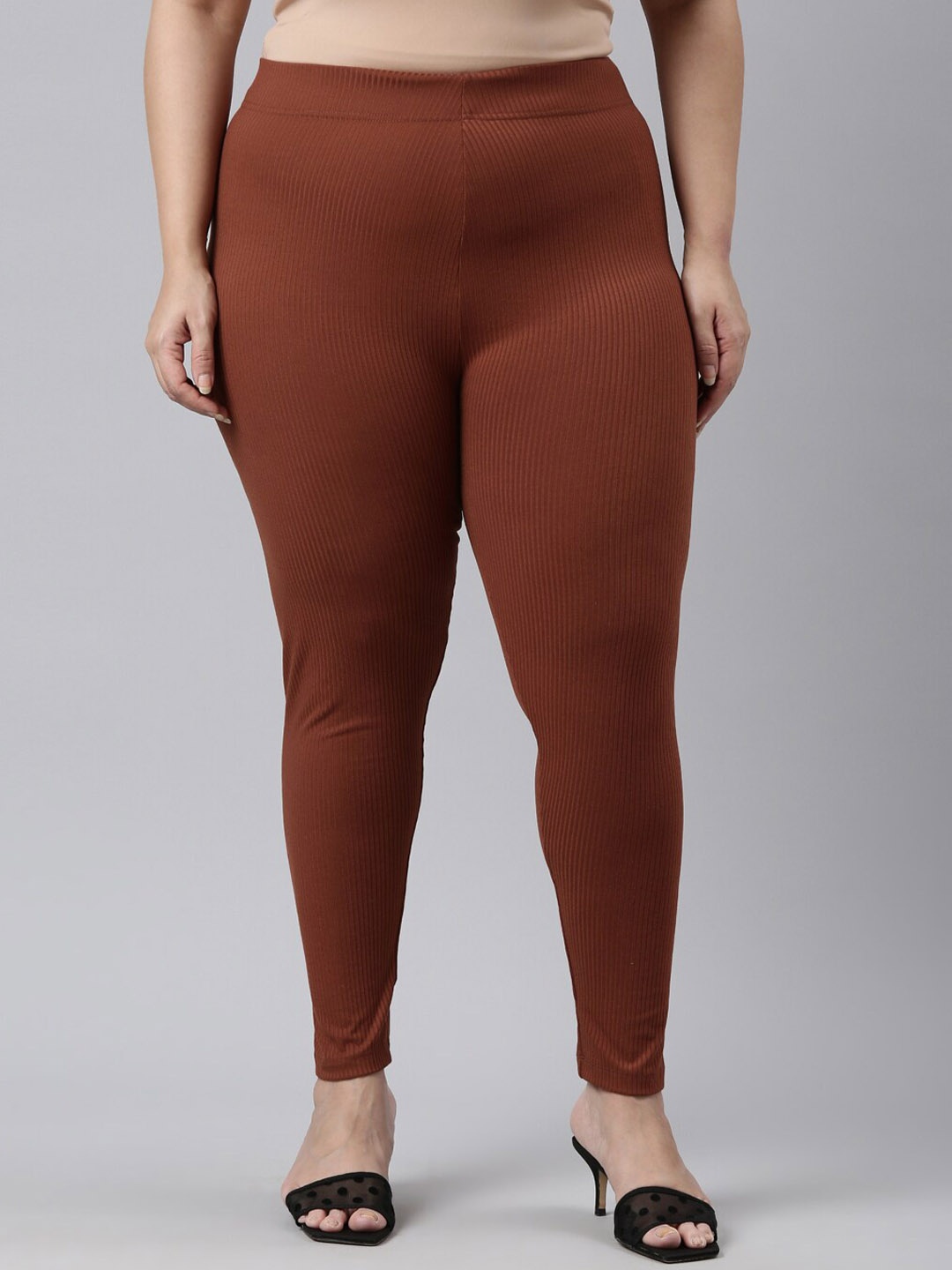 

Go Colors Women Ribbed Slim Fit Ankle Length Leggings, Brown