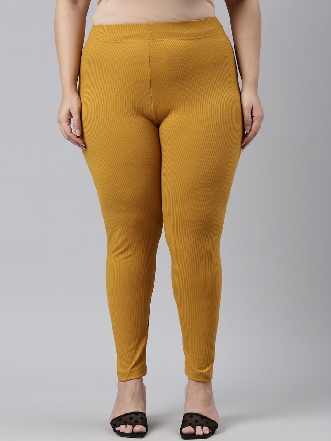 

Go Colors Women Ankle Length Ribbed Leggings, Mustard
