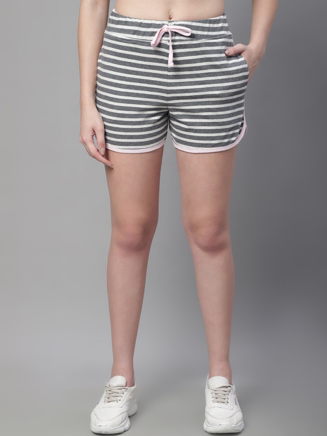 

Rute Women Striped Slim Fit High-Rise Cotton Shorts, Grey