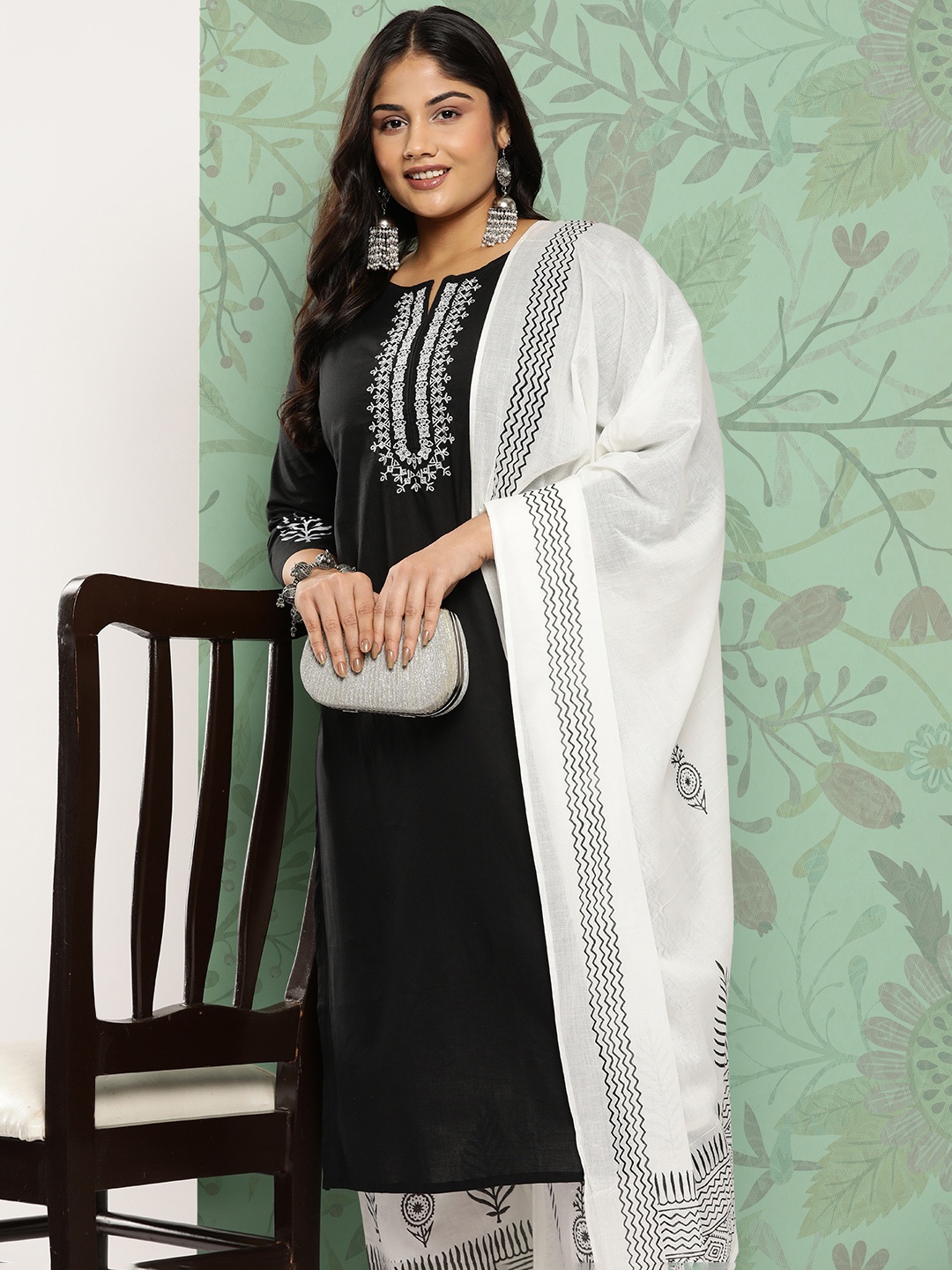 

Yufta Plus Size Ethnic Motifs Embroidered Pure Cotton Kurta with Palazzos & With Dupatta, Black