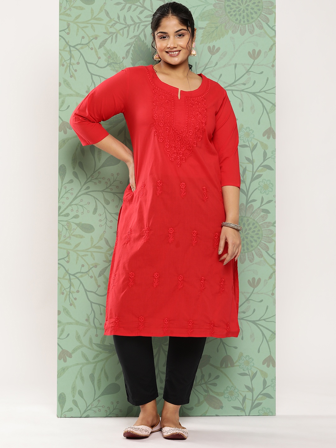 

Yufta Women Plus Size Floral Embroidered Straight Kurta, Red