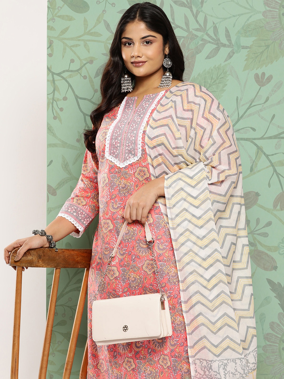 

Yufta Plus Size Ethnic Motifs Gotta Patti Pure Cotton Kurta with Trousers & With Dupatta, Peach
