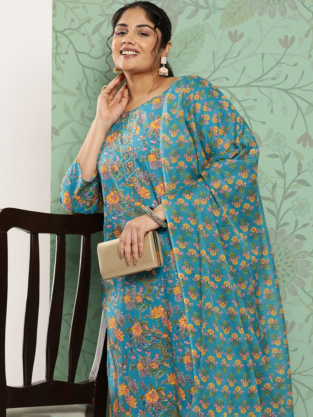 

Yufta Plus Size Ethnic Motifs Gotta Patti Pure Cotton Kurta with Trousers & With Dupatta, Blue