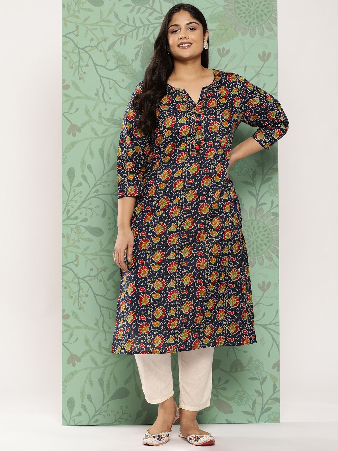 

Yufta Plus Size Floral Printed Pure Cotton Kurta, Navy blue