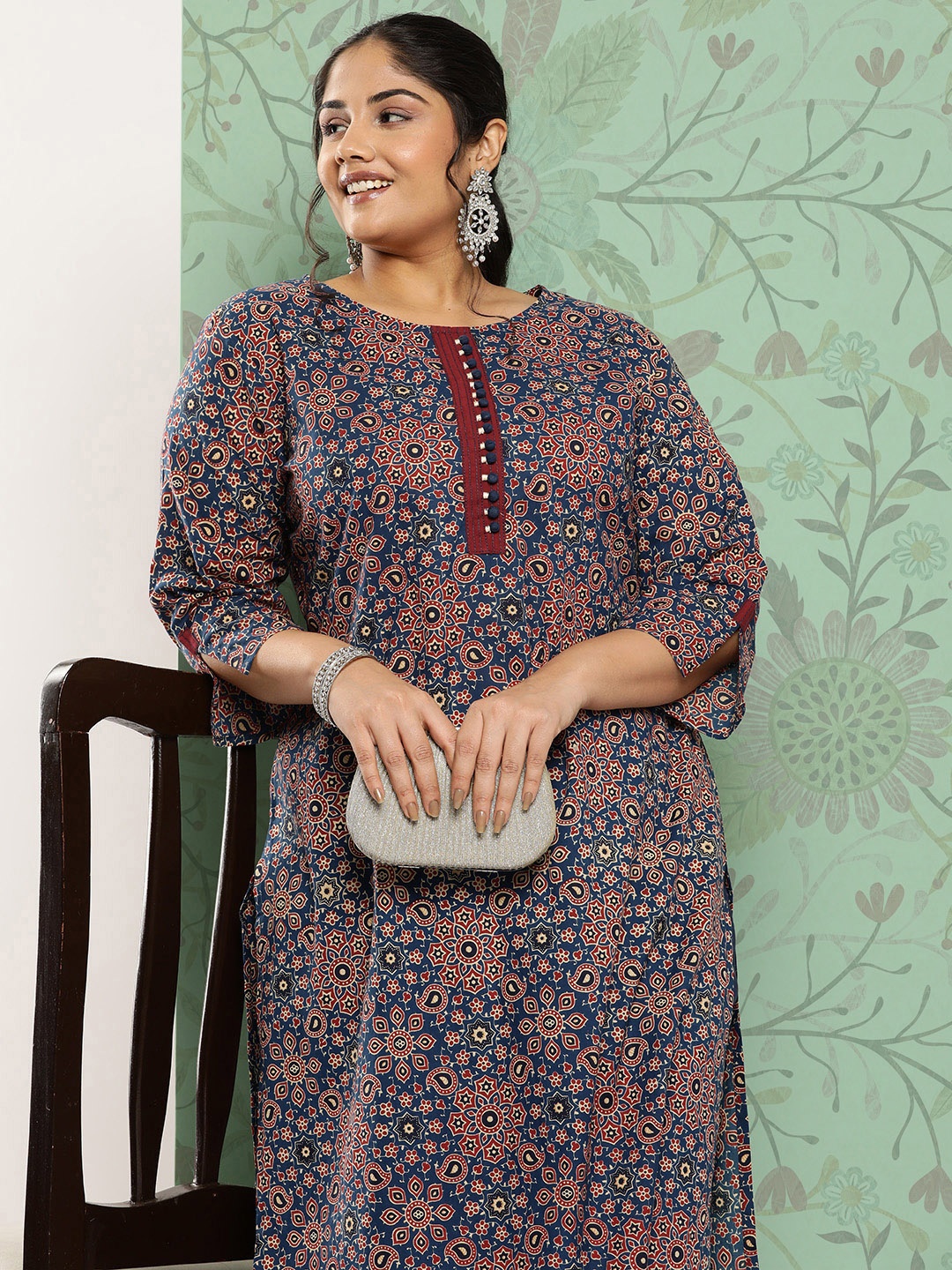 

Yufta Plus Size Ethnic Motifs Printed Regular Pure Cotton Kurta with Trousers, Blue