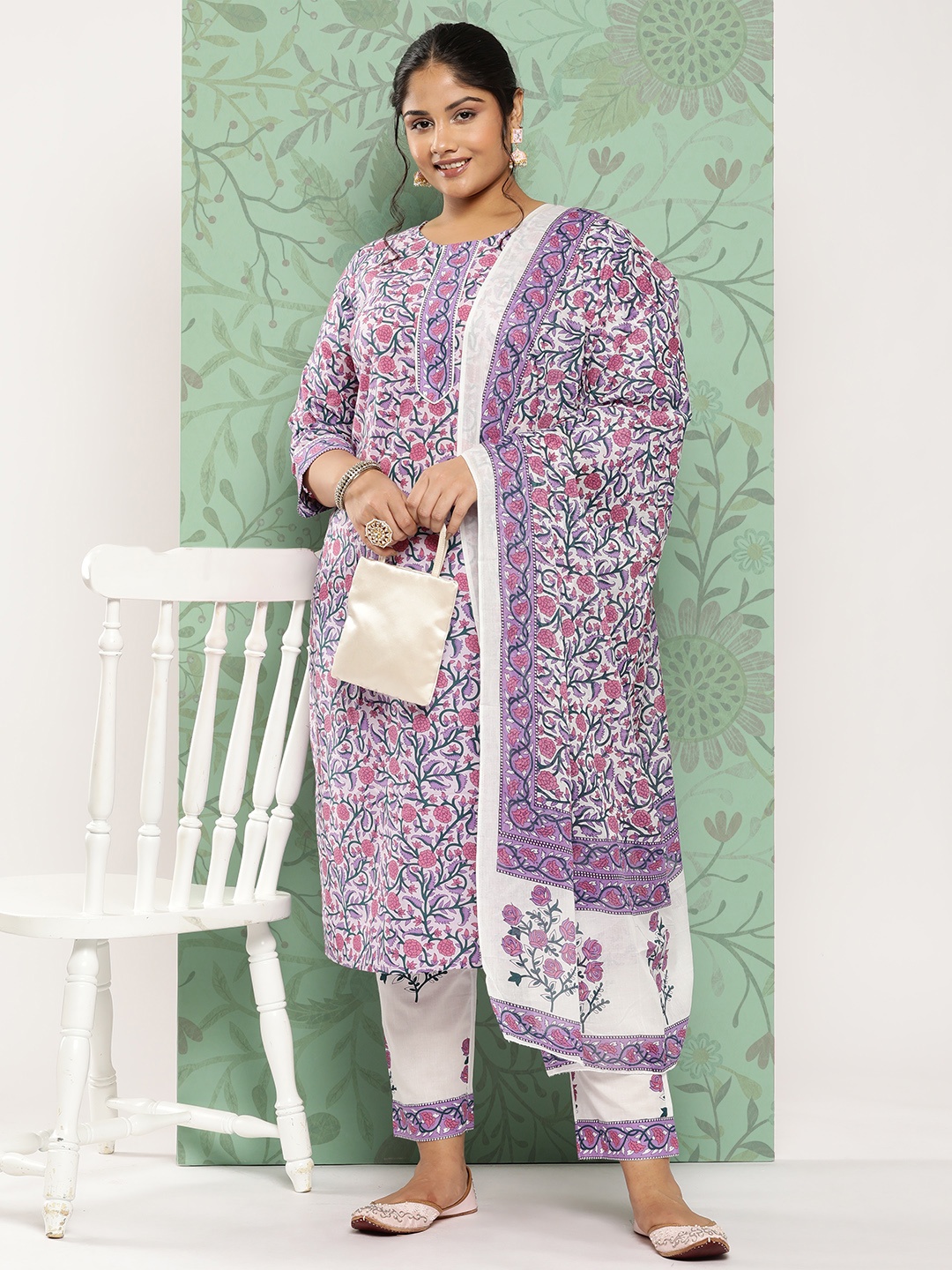 

Yufta Plus Size Ethnic Motifs Printed Pure Cotton Kurta with Trousers & With Dupatta, Lavender