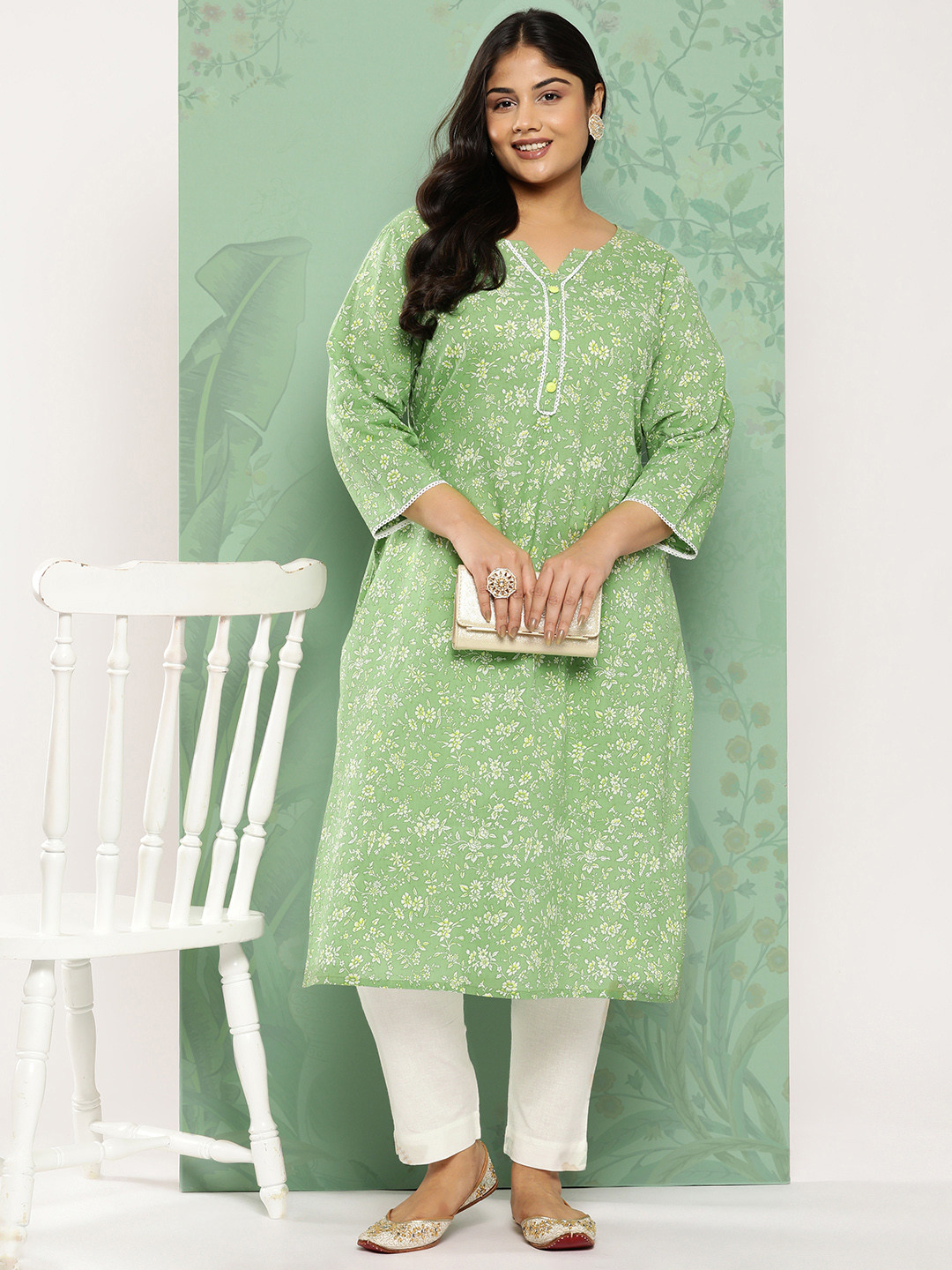 

Yufta Plus Size Floral Printed Pure Cotton Kurta, Green