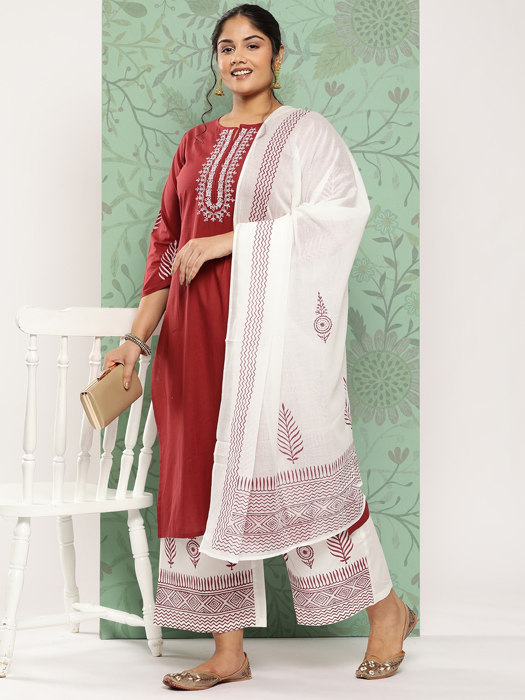 

Yufta Plus Size Ethnic Motifs Embroidered Pure Cotton Kurta with Palazzos & With Dupatta, Maroon